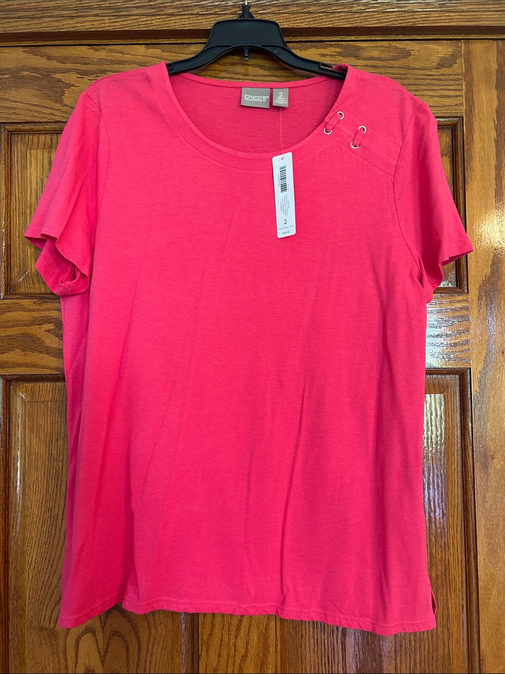 NWT Chico's Bright Pink Short Sleeve Scoop Neck Top with Grommet Detail, Size 2